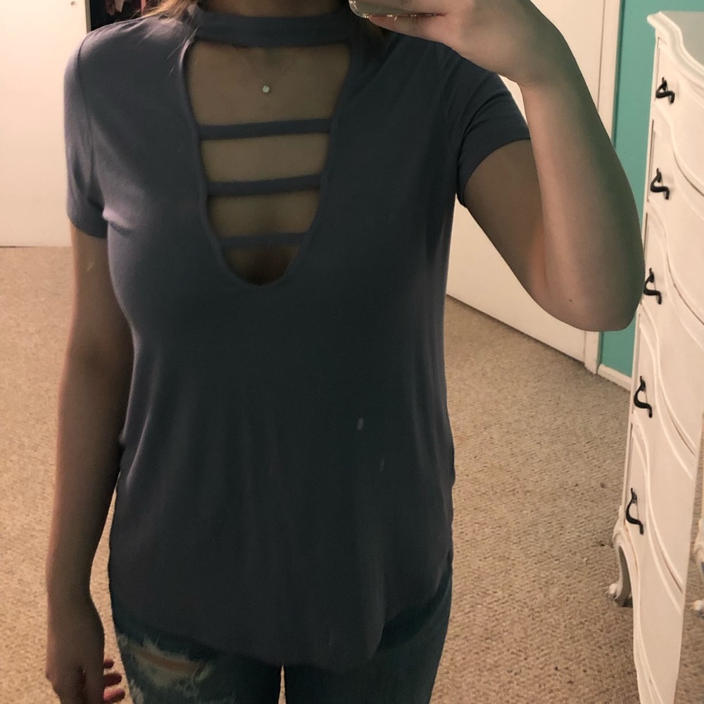 Purple t shirt with cut outs on front